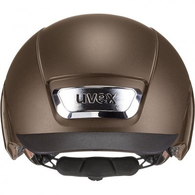 Capacete de proteção marrom fosco da marca Uvex com logo prateado