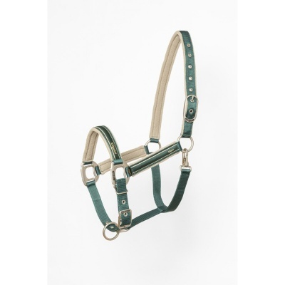 Cabresto para cavalo em nylon verde com detalhes bege, fivelas metálicas prateadas