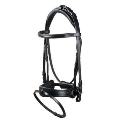 Freio para cavalo em couro preto com fivelas metálicas