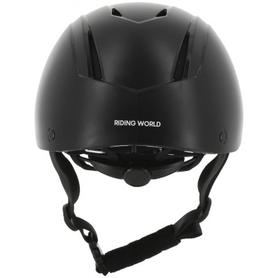 Capacete preto mate com aberturas de ventilação e texto RIDING WORLD
