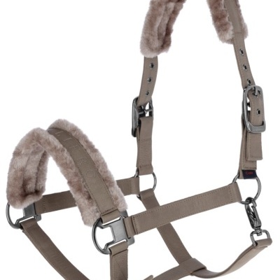 Cabresto de tecido bege com almofadas de pele cor de rosa pálido