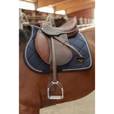 Sela de equitação castanha em couro sobre manta azul acolchoada num cavalo castanho