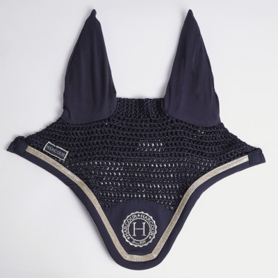 Toca de cavalo azul escuro em tecido e croché com bordas cinza claro