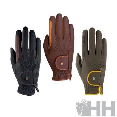 Três luvas HH em cores preta, castanha e verde com detalhes costurados e fechamento com aba