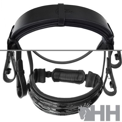 Cabezada preta de couro para cavalo com fivelas e logotipo HH cinza