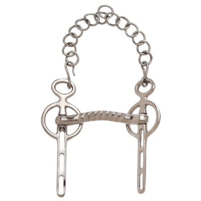 Freio de metal prateado com barra torcida, peças laterais e corrente com elos