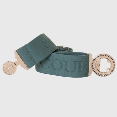 Cinto verde-azulado de tecido com fechos metálicos dourados