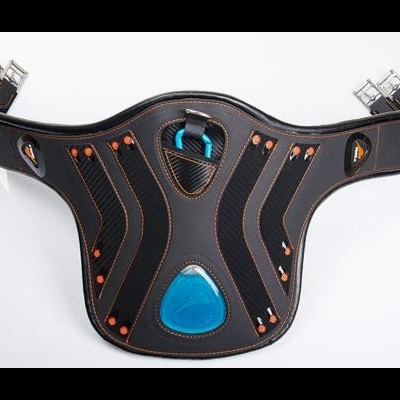 Cinto de proteção preto em couro com detalhes azuis e costuras laranja