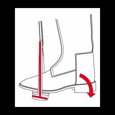 Desenho a preto e branco de uma bota com uma ferramenta vermelha na base e uma seta vermelha curva