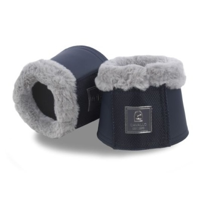 protetores para patas de cavalo azul escuro com forro cinzento e etiqueta metálica