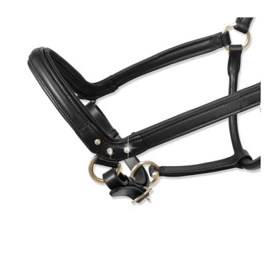 Cabeçada preta para cavalo com costuras e argolas metálicas