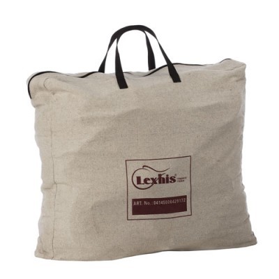 Mala de tecido bege claro com alças pretas e estampa Lexfis