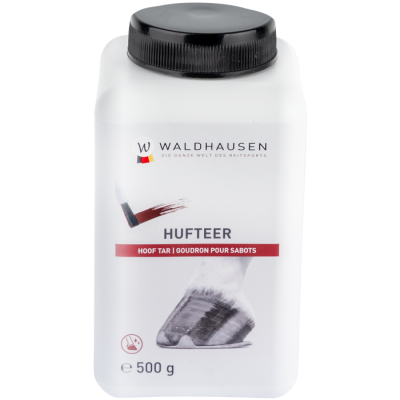 Embalagem branca com tampa preta de Waldhausen HUFTEER Hoof Tar para cascos de cavalo, 500 g