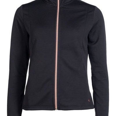 Casaco feminino preto com fecho rosa e gola alta