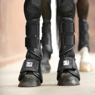 Patas da frente de cavalo com botas protetoras pretas