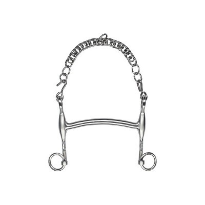 Freno de cavalo metálico prateado com corrente e argolas