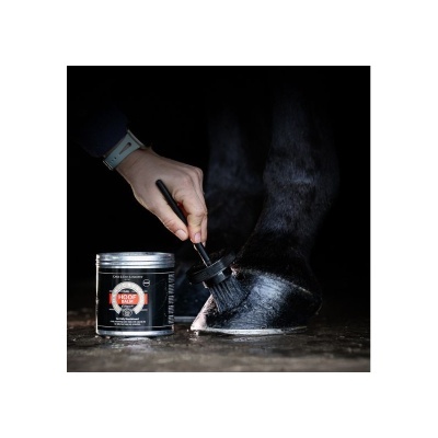 Pote de Hoof Balm e escova a aplicar em casco de cavalo preto