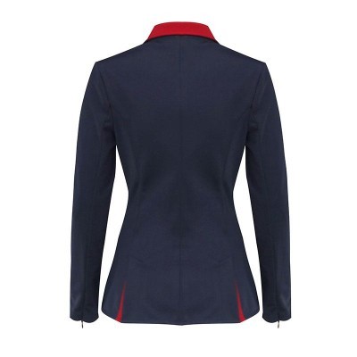 Blazer feminino azul escuro com detalhes vermelhos na gola e nas costas