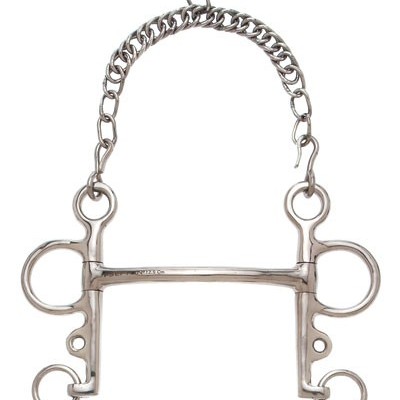 Freio metálico prateado com barra reta e corrente tipo elo