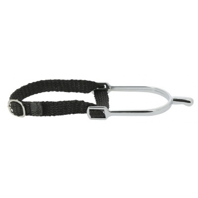 estribo metálico prateado com correia preta ajustável de tecido