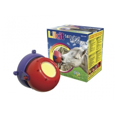 Produto Likit Tongue Twister vermelho e roxo para cavalos com embalagem colorida
