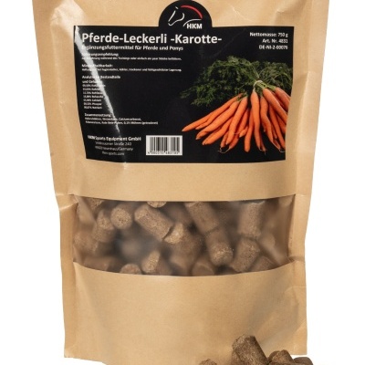 Embalagem de petiscos para cavalos com rótulo e imagem de cenouras