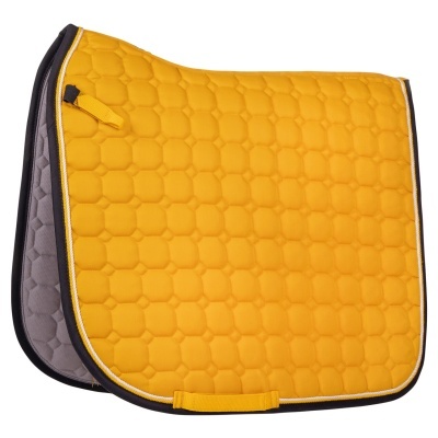 Tapa-sela acolchoado amarelo com padrão geométrico e interiores cinzentos