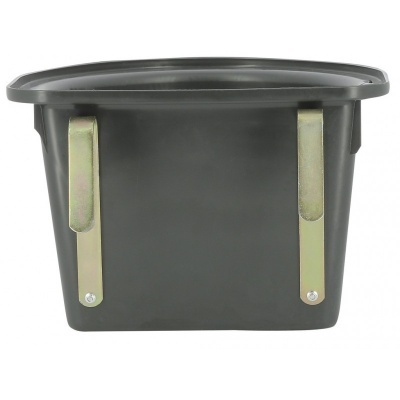 Recipiente plástico preto com presilhas metálicas douradas