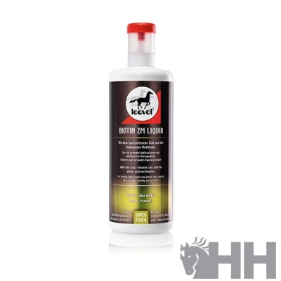 Frasco branco com tampa vermelha e rótulo preto do produto Biotin ZM Liquid da Leovet