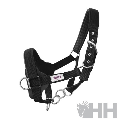Cabresto para cavalo em nylon preto com fivela e argolas metálicas
