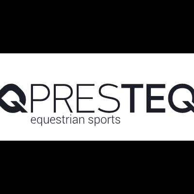 Logótipo PRESTEQ equestrian sports com símbolo abstrato preto