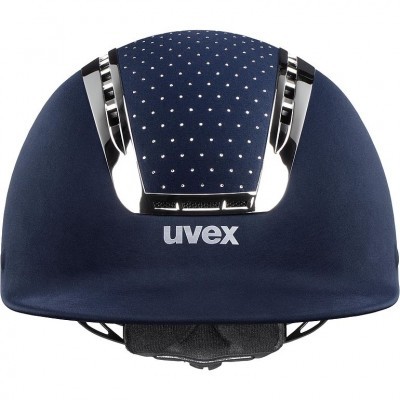 Capacete de ciclismo azul escuro com texto 'uvex' na frente