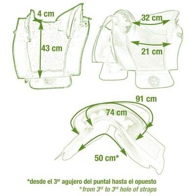 Desenho técnico em verde de um selim com medidas em centímetros e texto bilíngue explicativo.