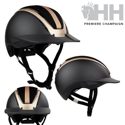 Capacete de equitação preto com faixa dourada e alças ajustáveis