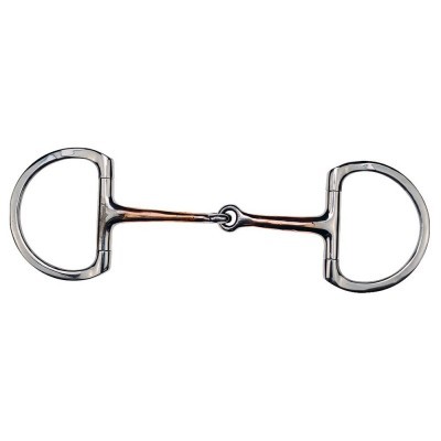 Freio de equitação em metal com argolas largas e peça central articulada