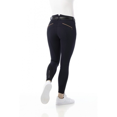 Leggings pretas femininas com bolsos e cinto, texto EQUITHEMA na perna esquerda