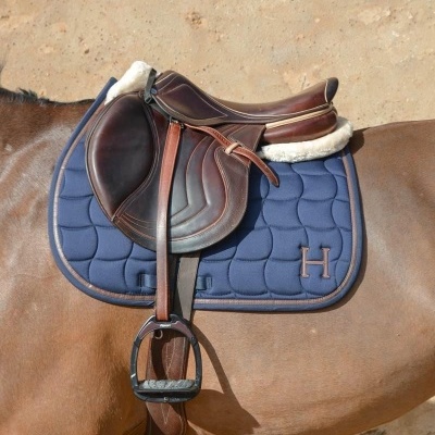 Sela de equitação castanha sobre manta azul com letra H em cavalo castanho