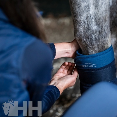 Pessoa a ajustar protecção para perna de cavalo azul escuro e preto com texto HORSEWARE IONIC
