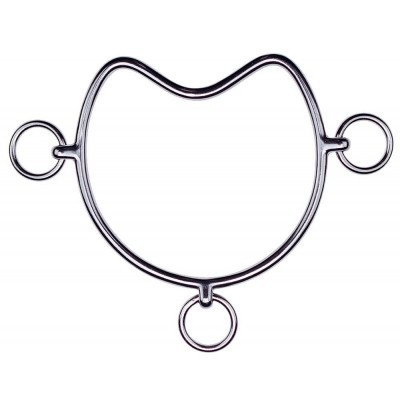 Pedaço metálico brilhante em forma de cabeça de gato com três argolas