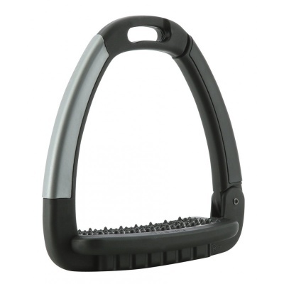 Estribo de montaria em plástico preto e cinzento com base antiderrapante