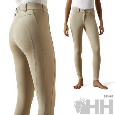 Calças justas bege para equitação com textura antiderrapante e detalhes em malha nas pernas