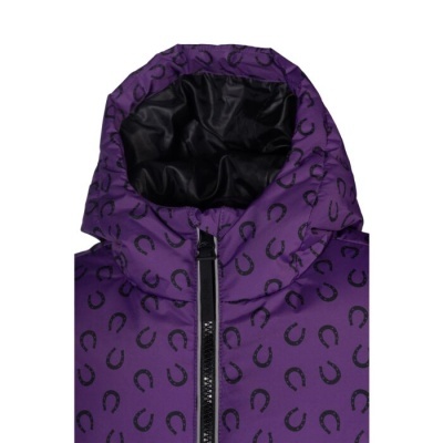 Casaco acolchoado roxo com capuz estampado com ferraduras pretas