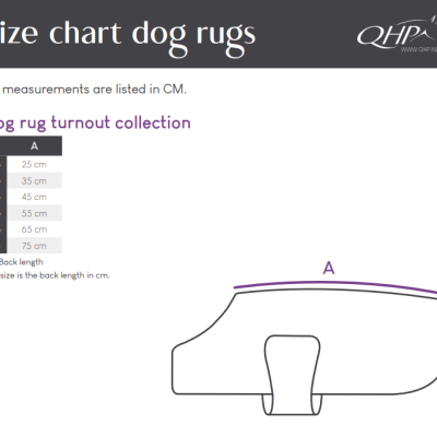 Gráfico de tamanhos para mantas de cão com medidas em centímetros e ilustração do contorno da manta.