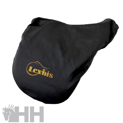 Capa preta para sela com logo Lexhis amarelo