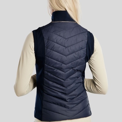 Colete feminino azul escuro acolchoado visto de costas