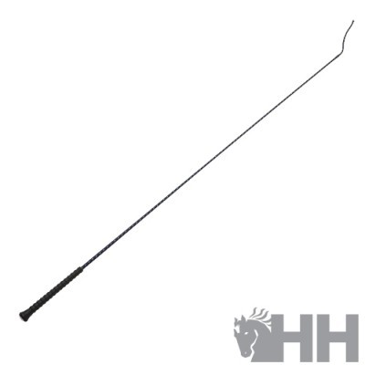 Chicote fino comprido preto com punho texturizado e ponta curvada em fundo branco com logo HH cinza