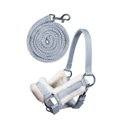 Conjunto cinzento de cabresto e guia para animais com interiores peludos brancos e mosquetão