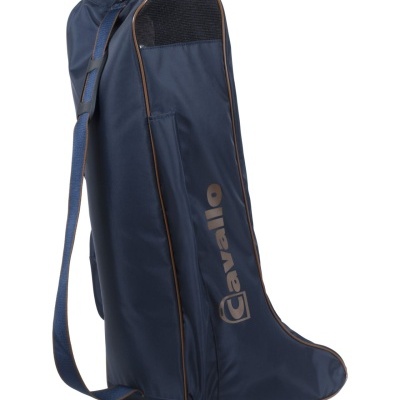 Bolsa de transporte azul escuro com texto gravado na lateral