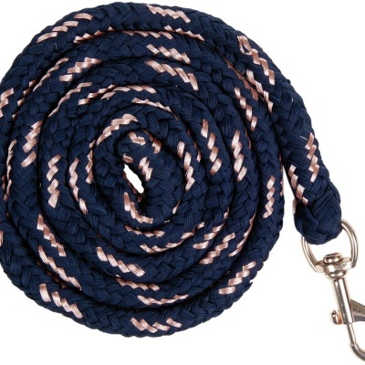 Trela para cão de corda trançada azul-escura com fios rosa claro e mosquetão prateado