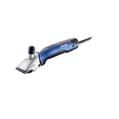 Máquina de tosquia azul e cinzenta com cabo e botão preto